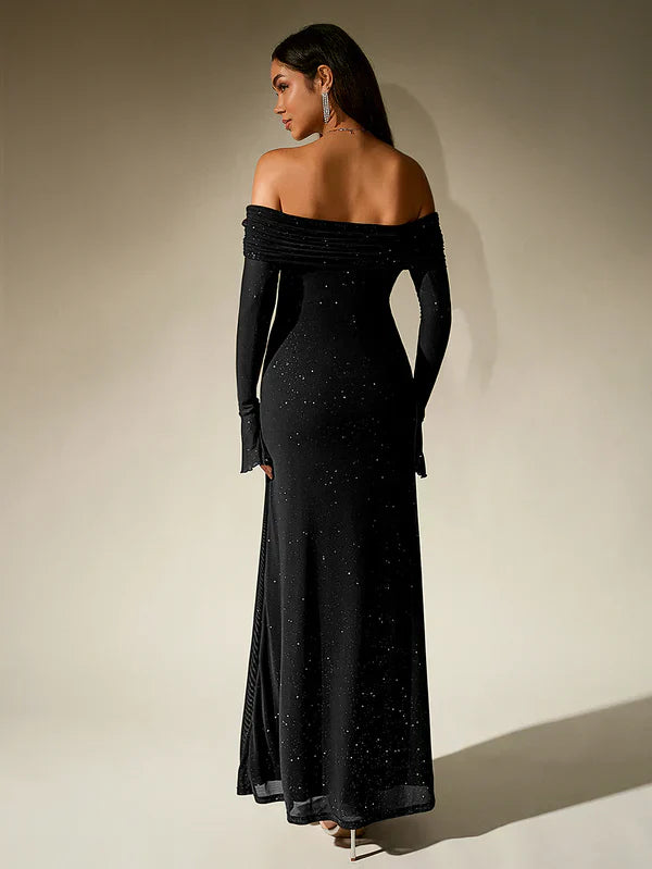Drune | Schulterfreies Abendkleid in Braun Mit Glitzer