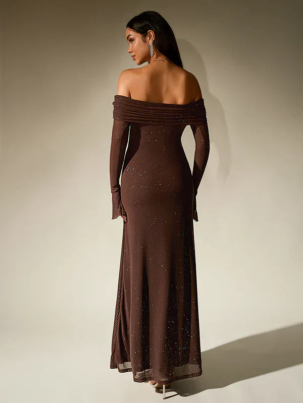 Drune | Schulterfreies Abendkleid in Braun Mit Glitzer