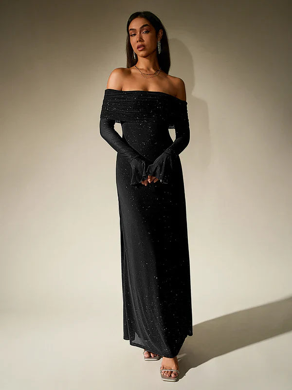 Drune | Schulterfreies Abendkleid in Braun Mit Glitzer