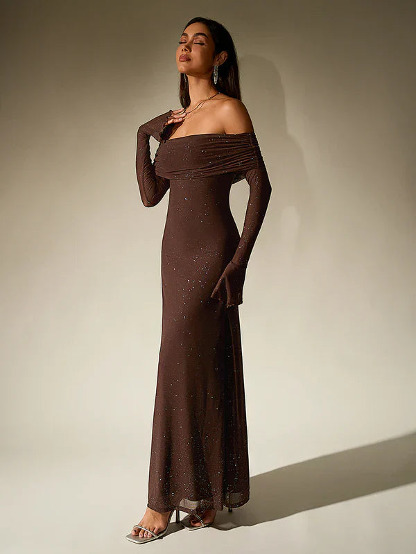 Drune | Schulterfreies Abendkleid in Braun Mit Glitzer