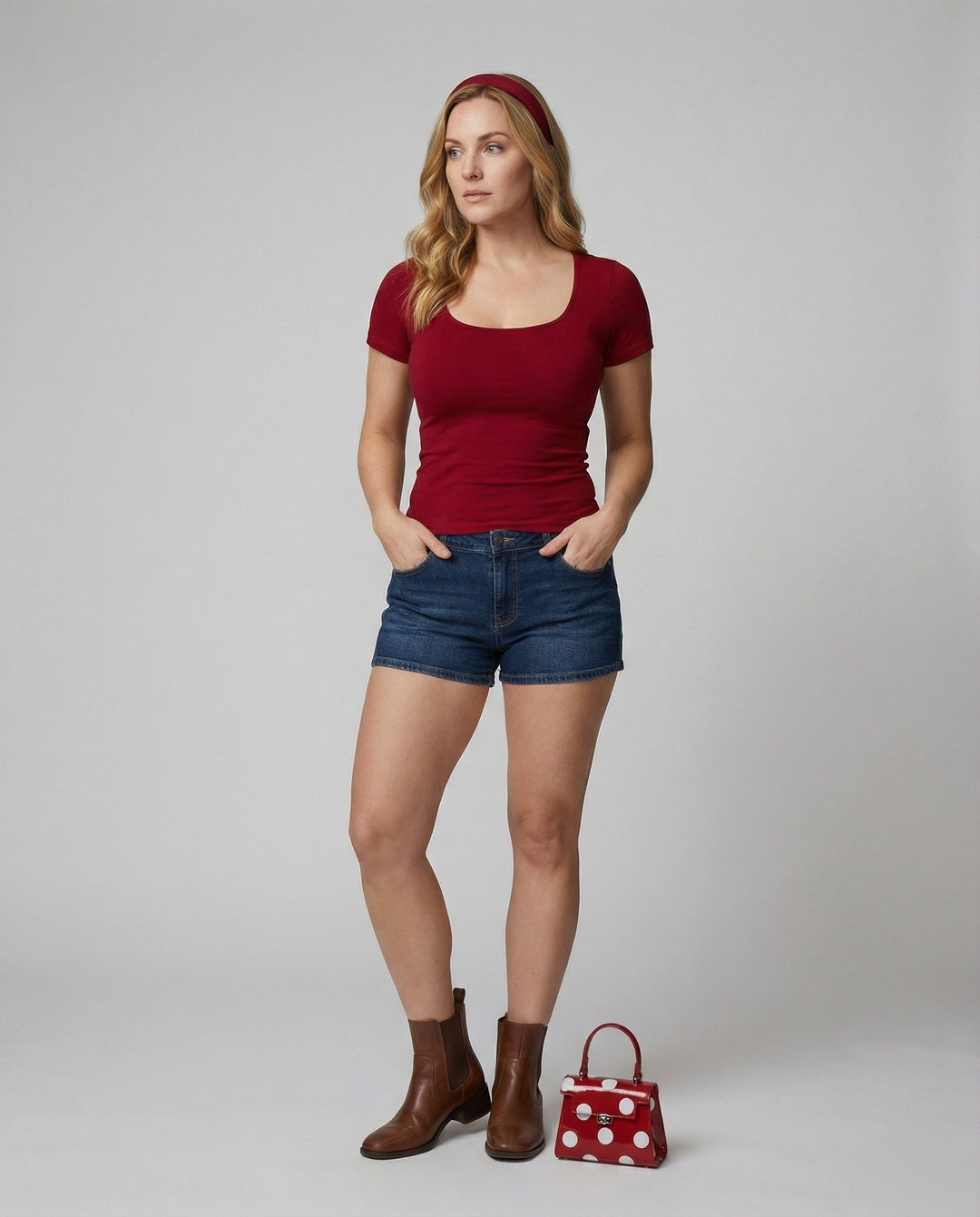 Damen T-Shirt U-Ausschnitt Slim-Fit Kurzarm Basic Crop Top