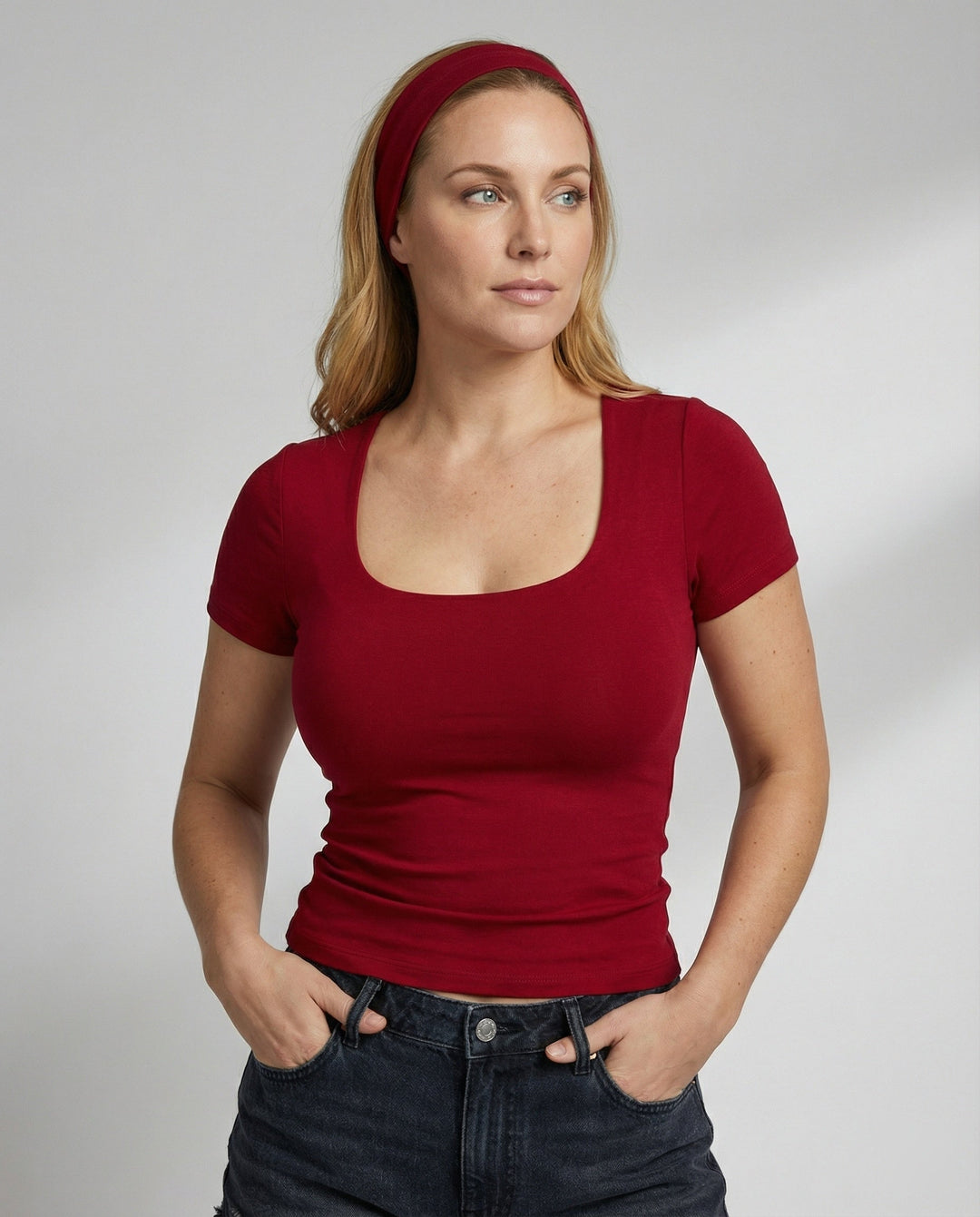 Damen T-Shirt U-Ausschnitt Slim-Fit Kurzarm Basic Crop Top