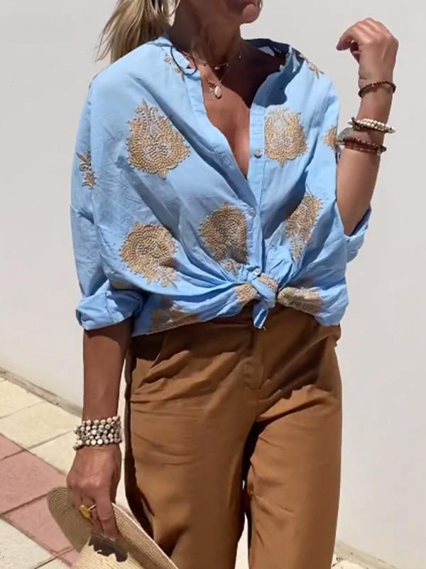 Drune | mit Knopfleiste Boho Stil lockere Passform Langarm Shirt Damen Leinenhemd