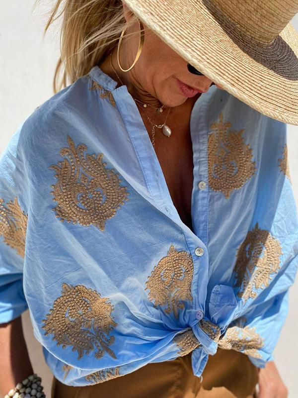 Drune | mit Knopfleiste Boho Stil lockere Passform Langarm Shirt Damen Leinenhemd