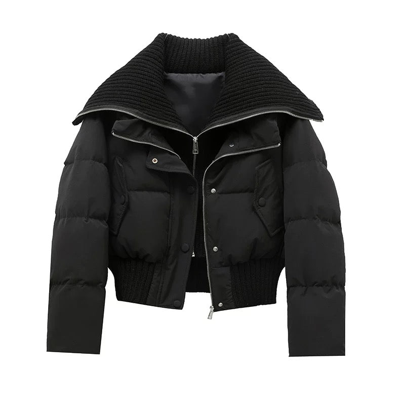 Drune | Damen Kurze Puffer Winterjacke Gepolstert mit Rippstrickkragen