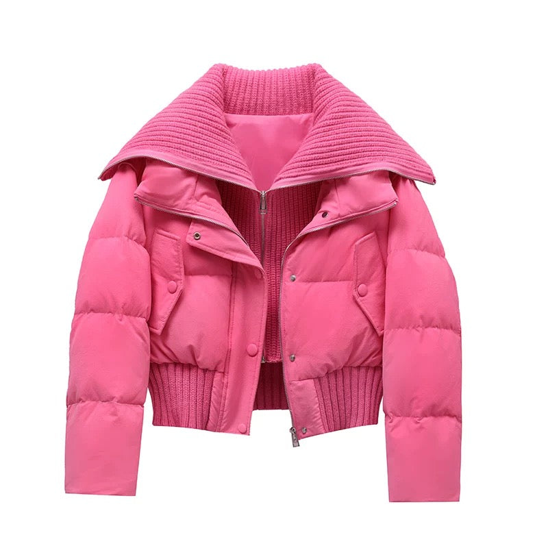 Drune | Damen Kurze Puffer Winterjacke Gepolstert mit Rippstrickkragen
