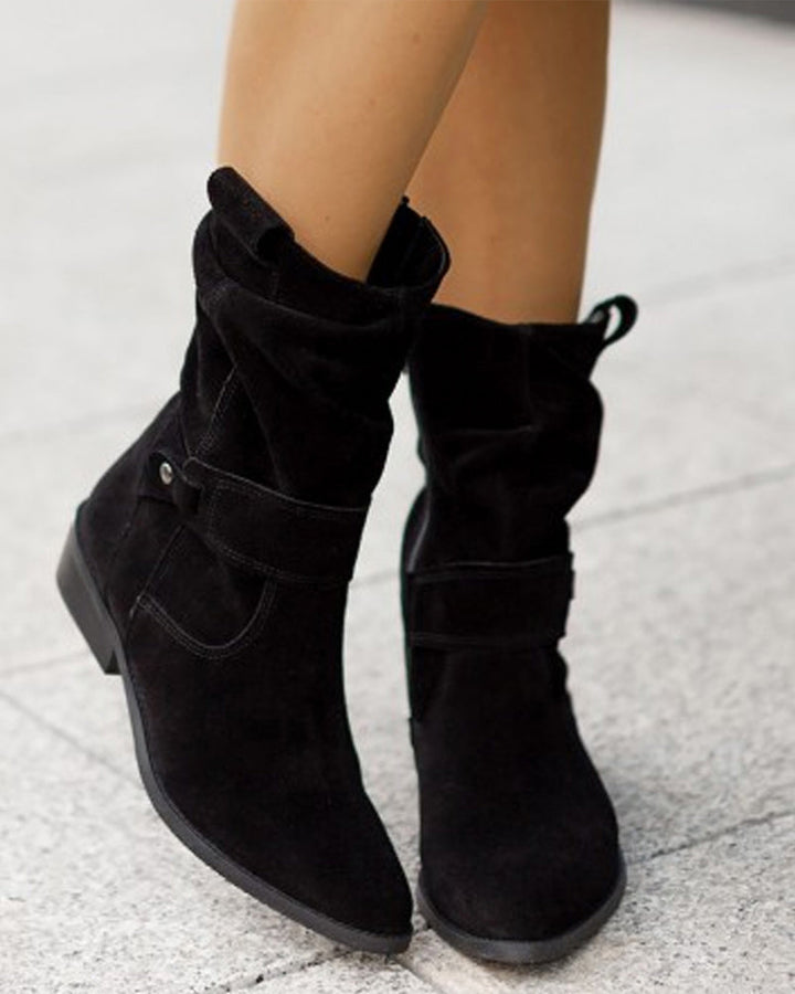 Damen Wildleder Stiefeletten mit niedrigem Absatz und Reißverschluss für Freizeit- und formelle Anlässe Drune