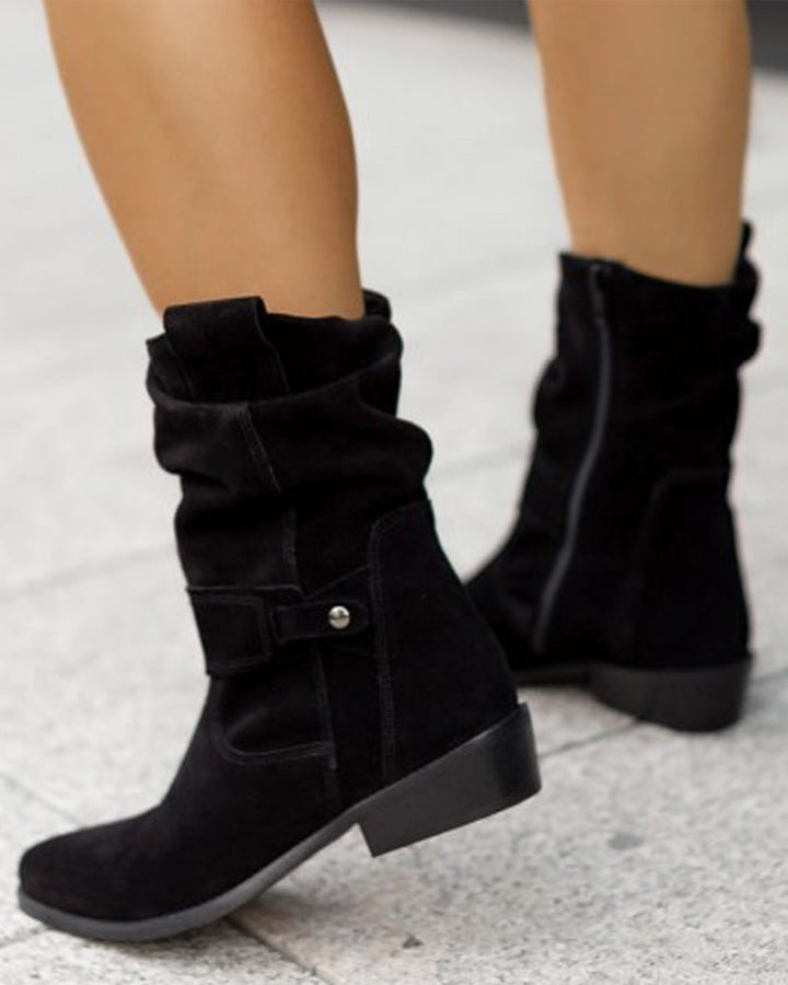 Damen Wildleder Stiefeletten mit niedrigem Absatz und Reißverschluss für Freizeit- und formelle Anlässe Drune