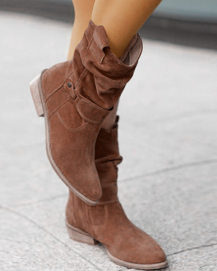 Damen Wildleder Stiefeletten mit niedrigem Absatz und Reißverschluss für Freizeit- und formelle Anlässe Drune