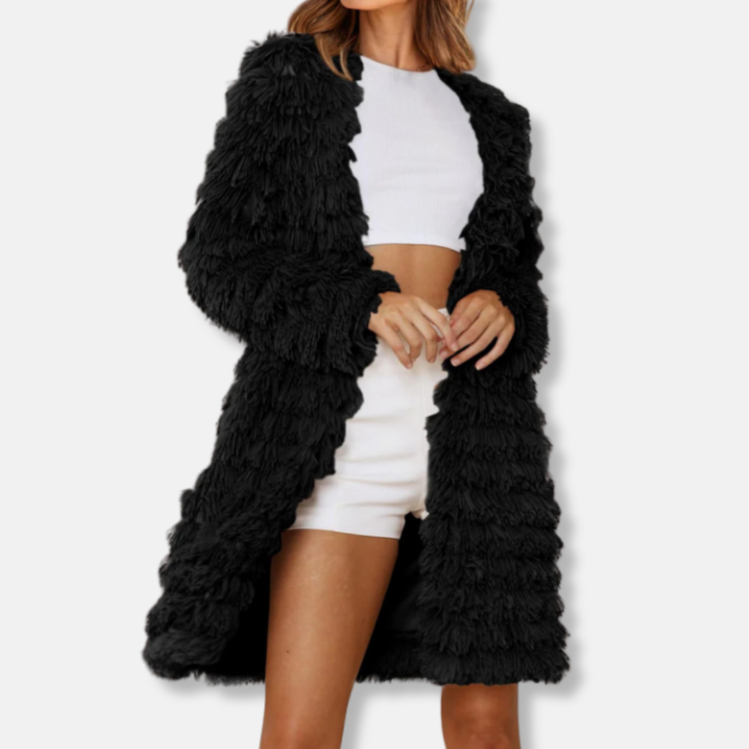 Drune | Damen Lange Cardigan mit Schauriger Textur und Offener Vorderseite