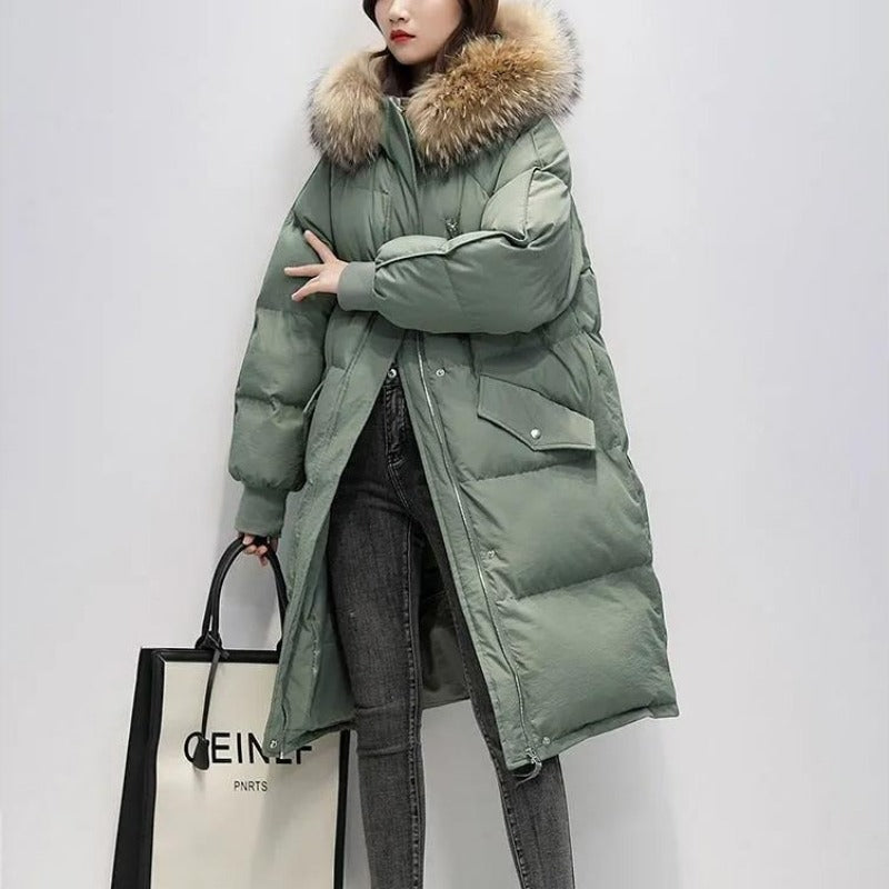 Drune | Damen Lange Wattierte Pufferjacke mit Kapuze und Fellkragen