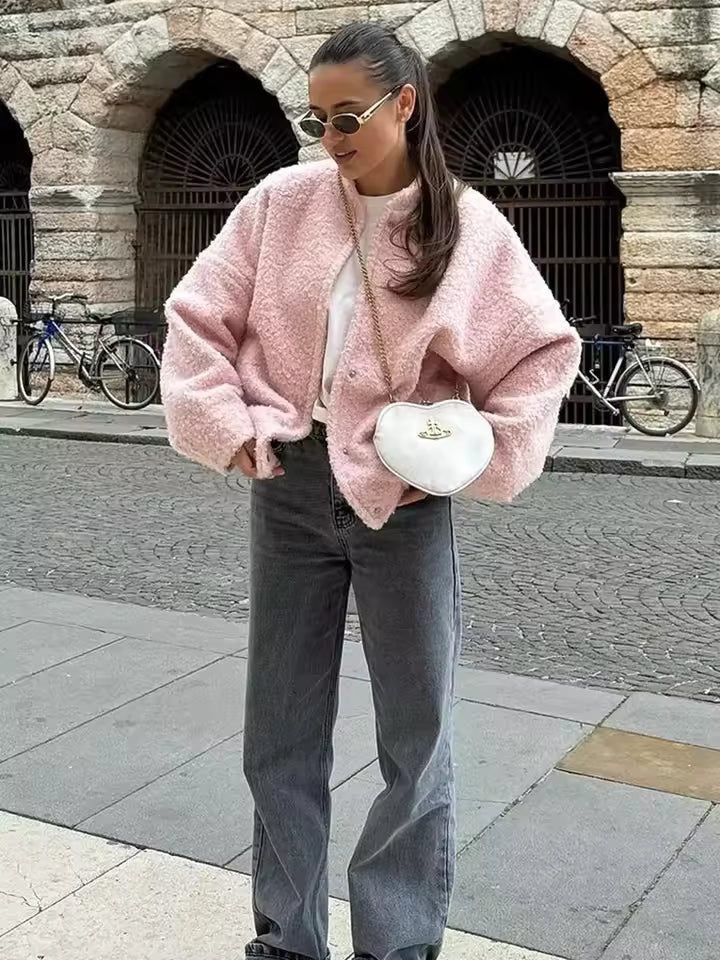 Drune | Damen Kurze Bouclé Jacke mit Knöpfen und Lockerer Passform