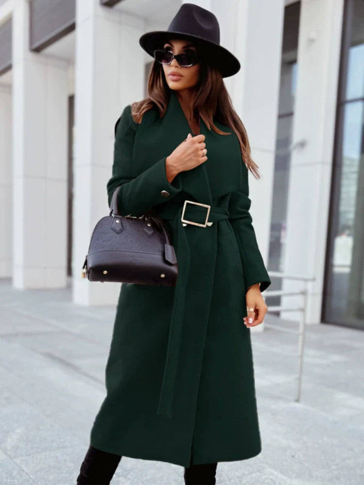 Drune | Damen Lange Jacke mit Gürtel und Drapiertem Revers In Wolloptik