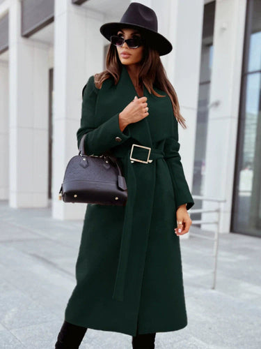 Drune | Damen Lange Jacke mit Gürtel und Drapiertem Revers In Wolloptik