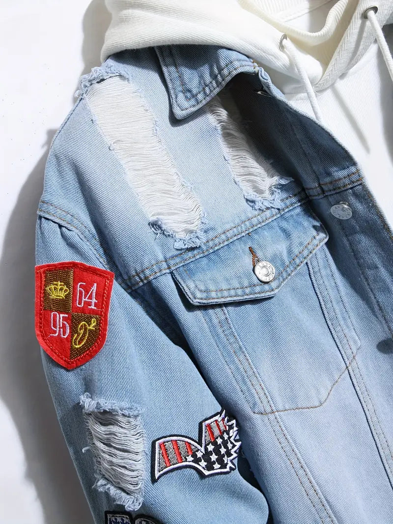 Drune | Lässig Hellblau Jeansjacke mit Patches