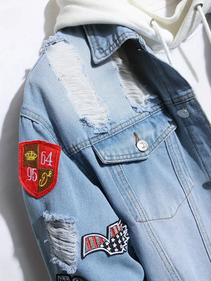 Drune | Lässig Hellblau Jeansjacke mit Patches