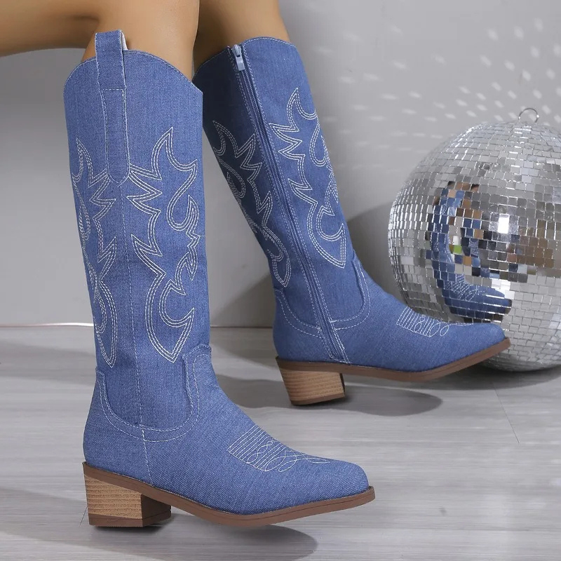 Drune | Modische blaue Cowboy-Stiefel für Frauen – Denim-Western-Design mit bequemem Blockabsatz