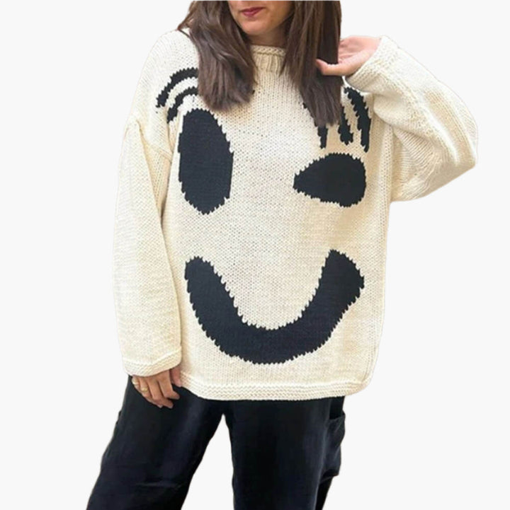 Drune | Strickpullover im Künstlerstil - Gemütlicher Freizeit Jumper mit abstraktem Gesichtsmuster