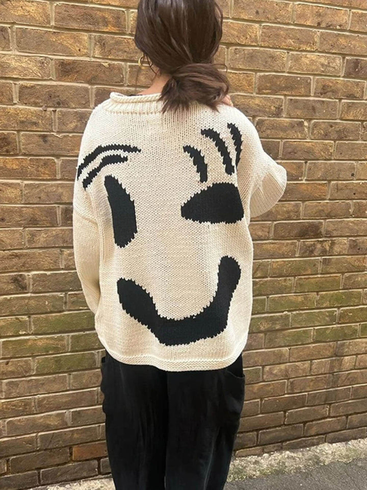 Drune | Strickpullover im Künstlerstil - Gemütlicher Freizeit Jumper mit abstraktem Gesichtsmuster