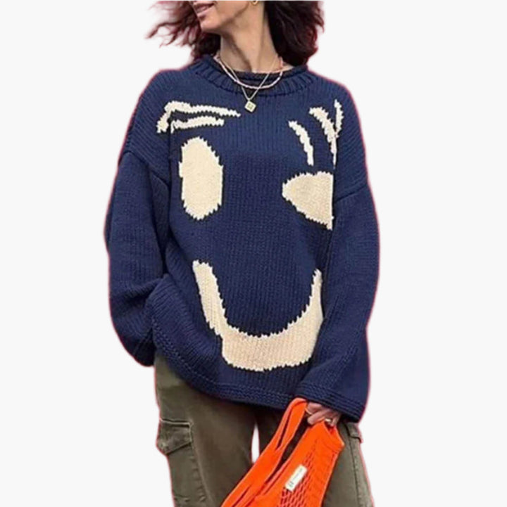 Drune | Strickpullover im Künstlerstil - Gemütlicher Freizeit Jumper mit abstraktem Gesichtsmuster