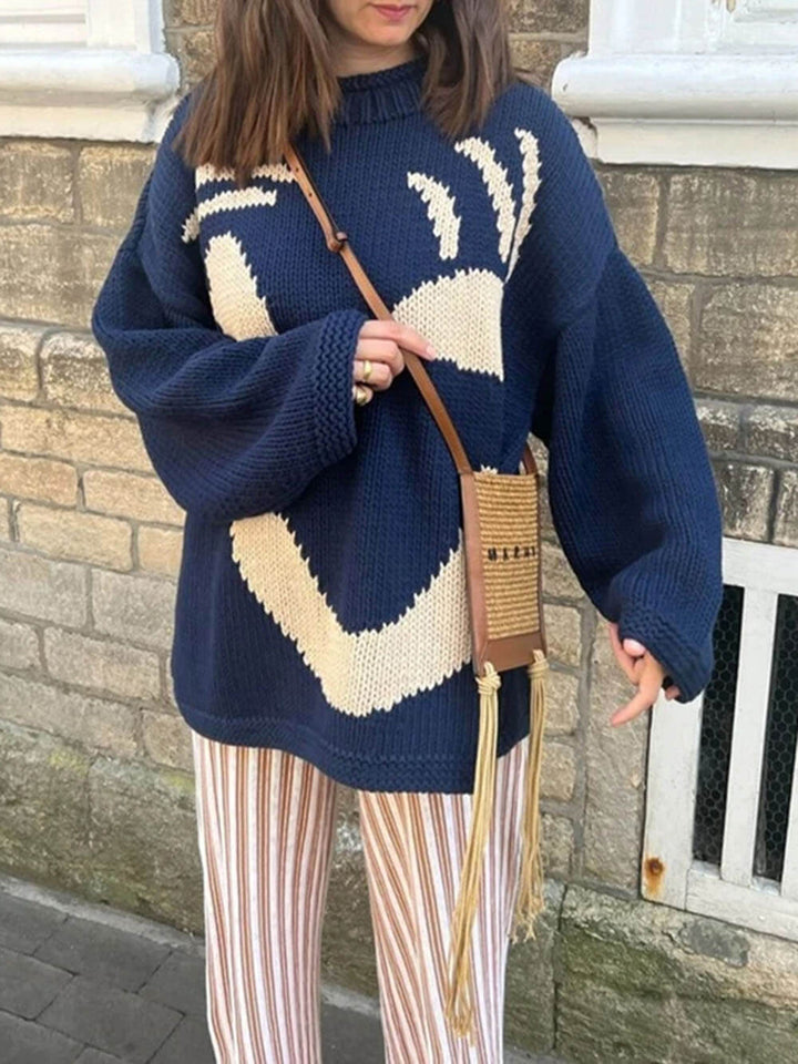 Drune | Strickpullover im Künstlerstil - Gemütlicher Freizeit Jumper mit abstraktem Gesichtsmuster