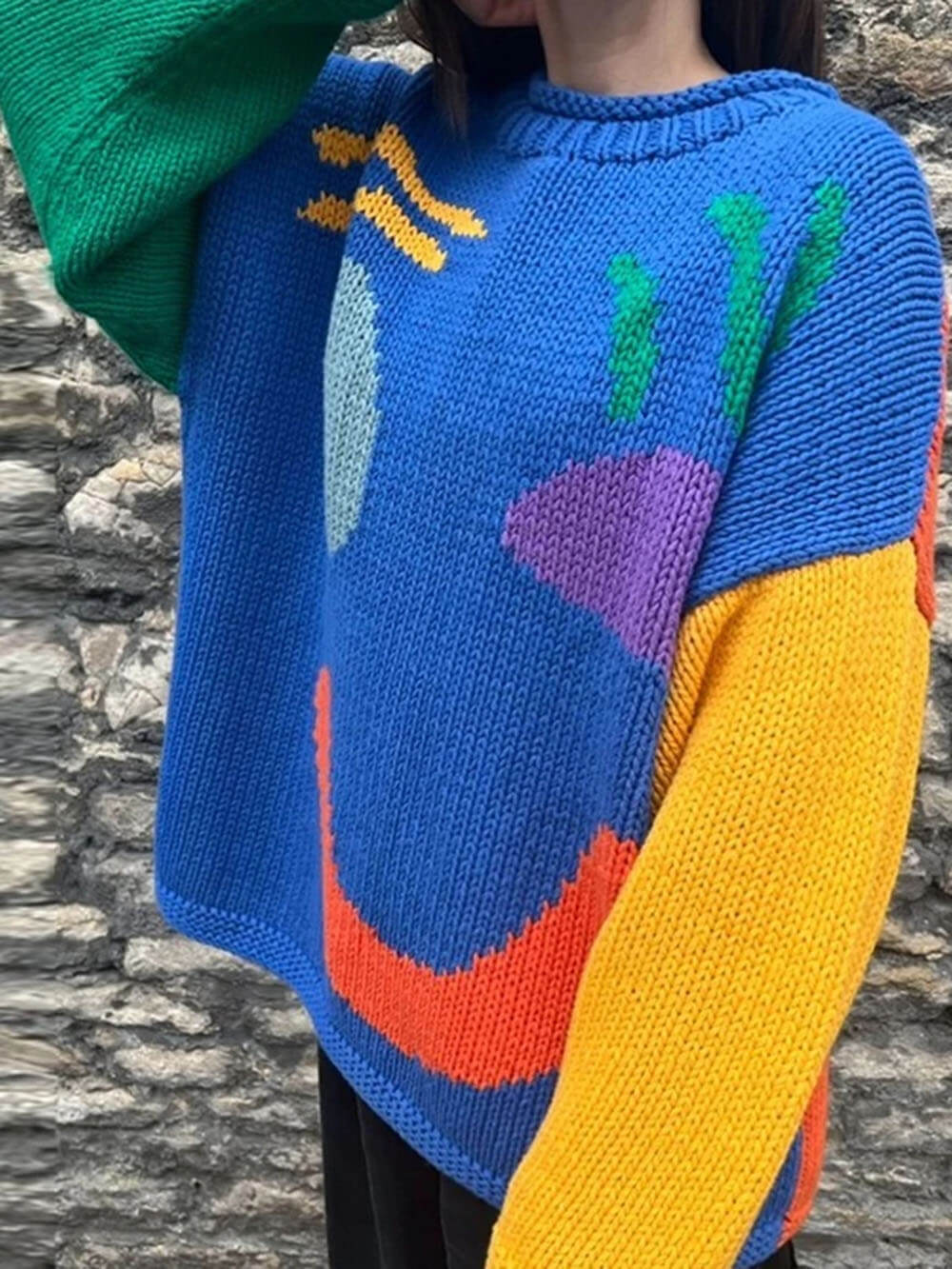 Drune | Strickpullover im Künstlerstil - Gemütlicher Freizeit Jumper mit abstraktem Gesichtsmuster