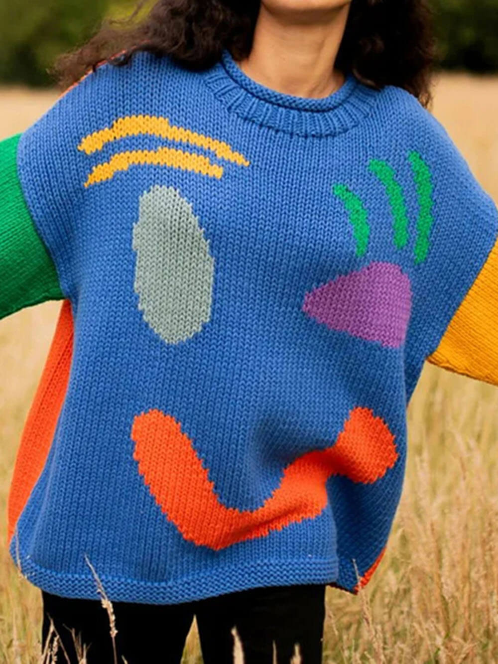 Drune | Gestrickt Übergröße Schnitt Lang Abstraktes Intarsienmuster