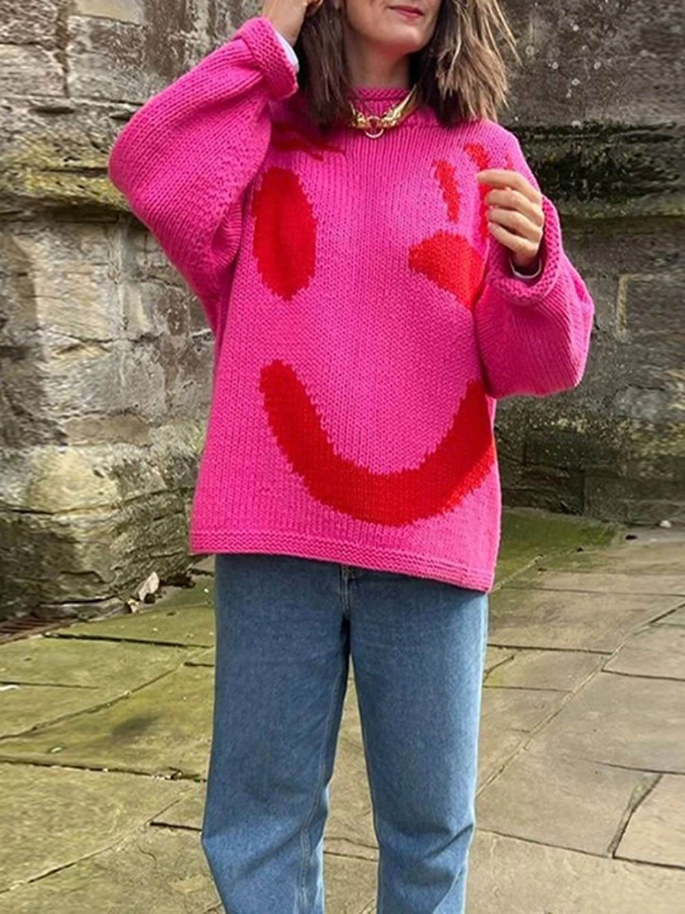 Drune | Gestrickt Übergröße Schnitt Lang Abstraktes Intarsienmuster