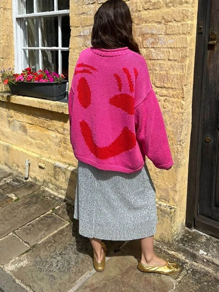 Drune | Strickpullover im Künstlerstil - Gemütlicher Freizeit Jumper mit abstraktem Gesichtsmuster
