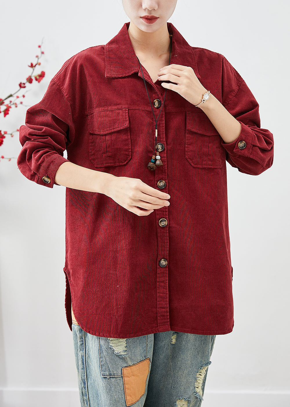Drune | Rote Cord-Shirt Mäntel Übergröße Knopfverschluss