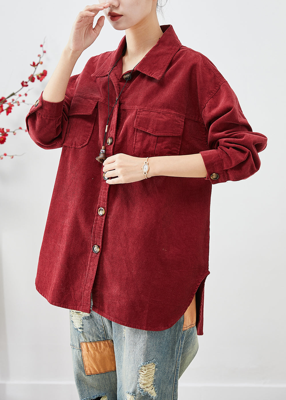 Drune | Rote Cord-Shirt Mäntel Übergröße Knopfverschluss