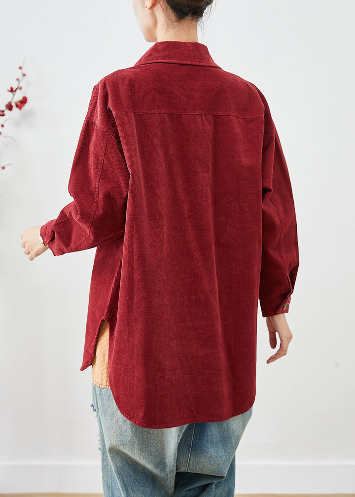 Drune | Rote Cord-Shirt Mäntel Übergröße Knopfverschluss