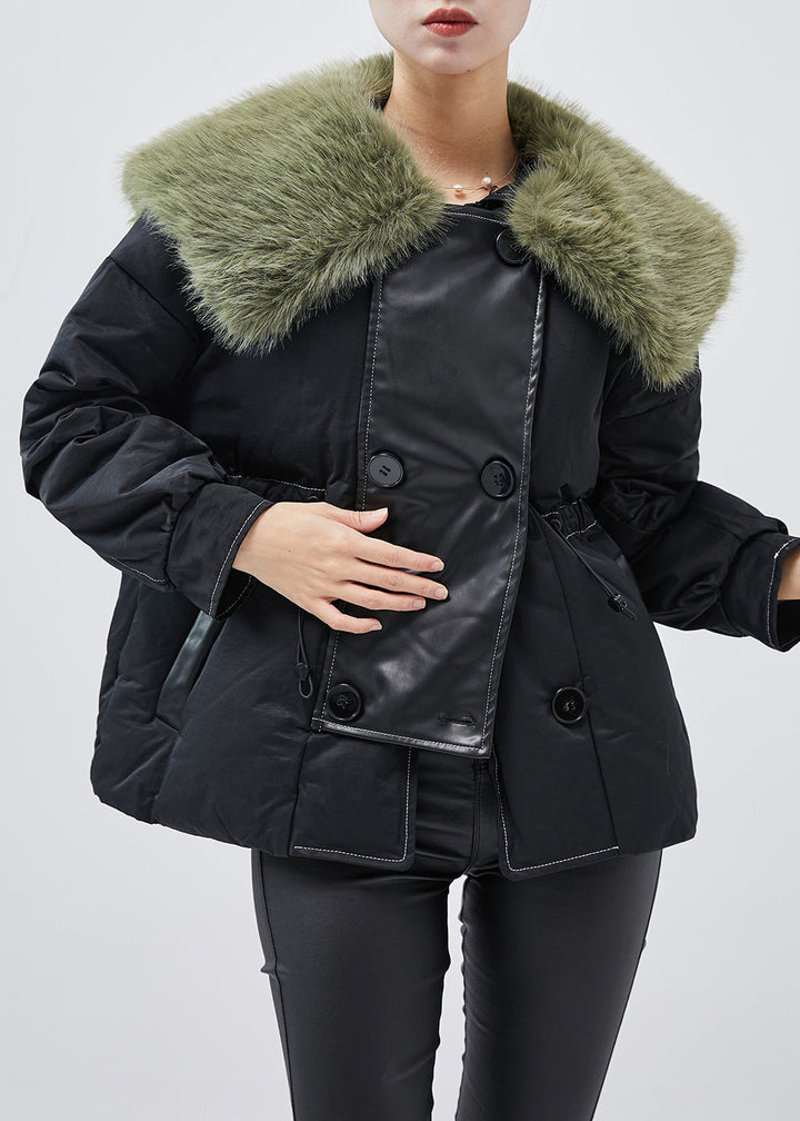 Drune | Schwarze Pelzkragen Patchwork Feine Baumwollgefüllte Damen Wintermäntel
