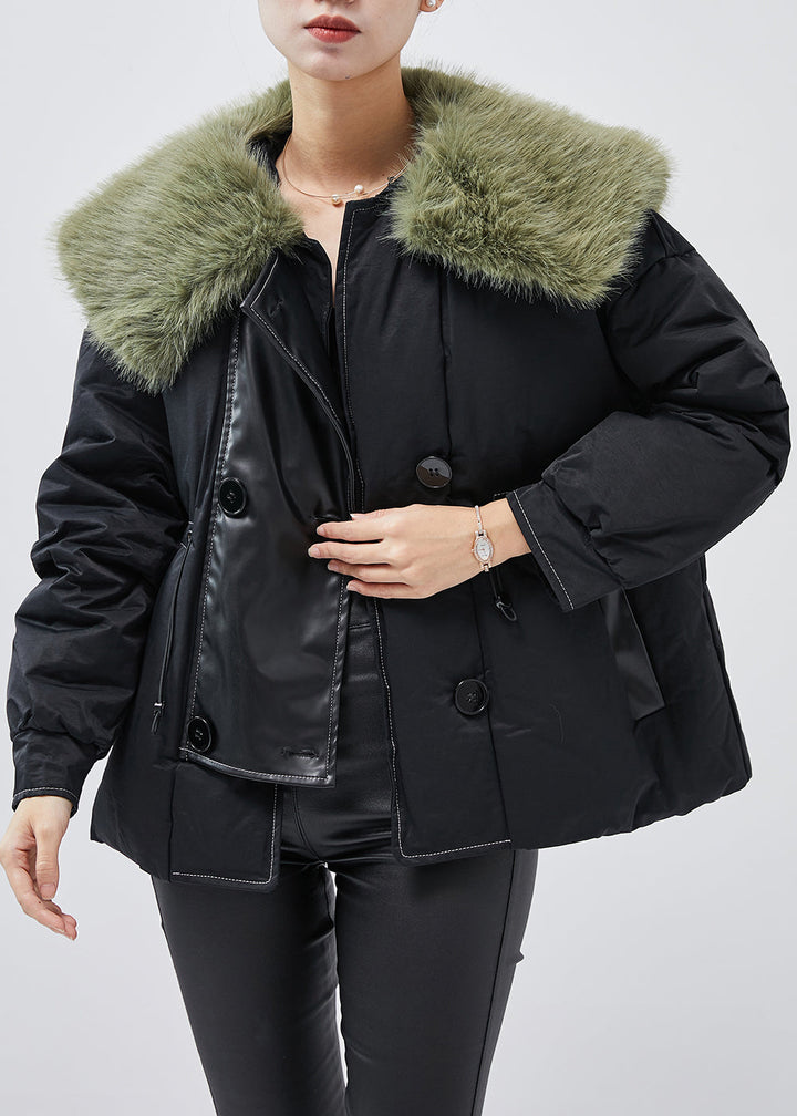 Drune | Schwarze Pelzkragen Patchwork Feine Baumwollgefüllte Damen Wintermäntel