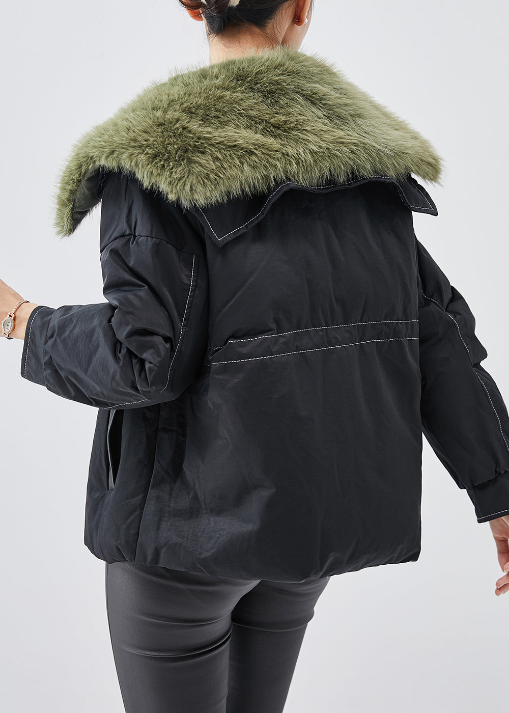 Drune | Schwarze Pelzkragen Patchwork Feine Baumwollgefüllte Damen Wintermäntel