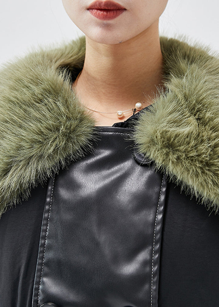 Drune | Schwarze Pelzkragen Patchwork Feine Baumwollgefüllte Damen Wintermäntel