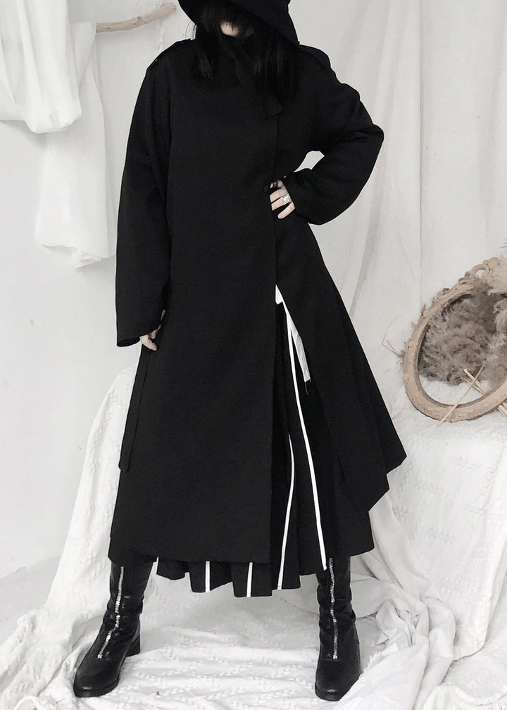 Drune | Schwarze Stehkragen Taillenbindung Knopf Trenchcoats Langarm