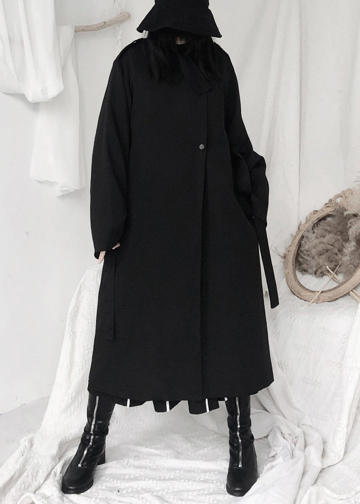 Drune | Schwarze Stehkragen Taillenbindung Knopf Trenchcoats Langarm