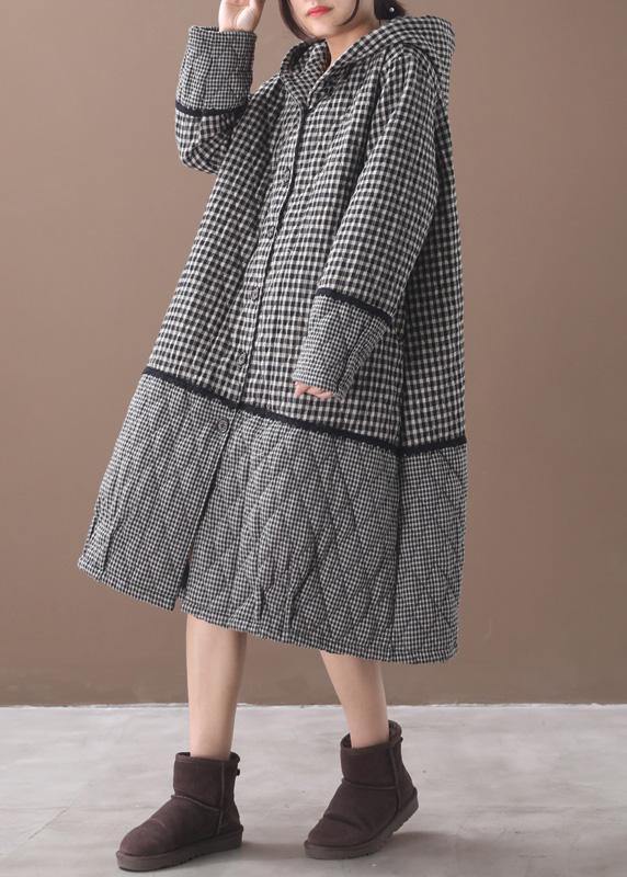 Drune | schwarze weiße karierte wintermäntel plus size kleidung hoodie patchwork winter outdoorbekleidung