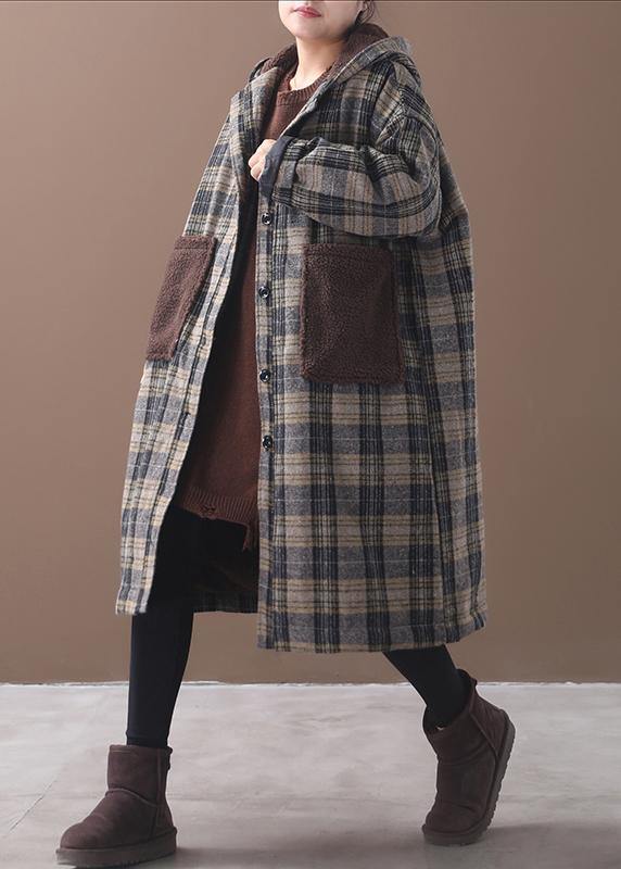 Drune | gelb kariert Plus Size Lange Mäntel Schränke Patchwork Taschen Kapuzenmantel