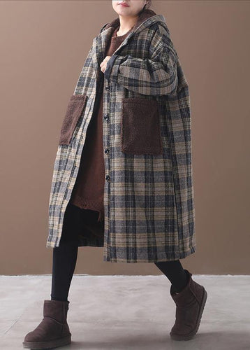 Drune | gelb kariert Plus Size Lange Mäntel Schränke Patchwork Taschen Kapuzenmantel