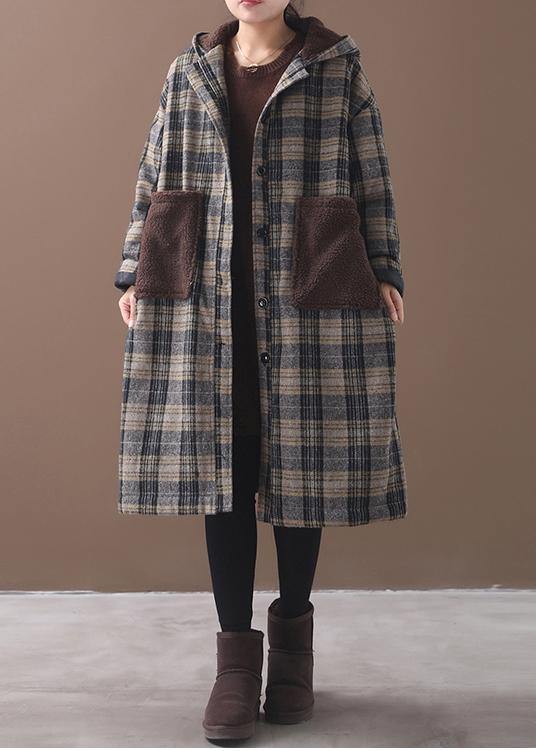 Drune | gelb kariert Plus Size Lange Mäntel Schränke Patchwork Taschen Kapuzenmantel
