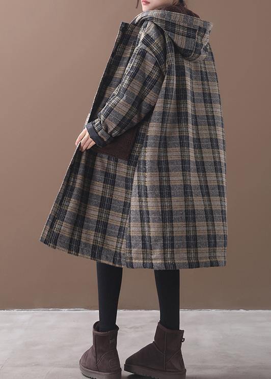 Drune | gelb kariert Plus Size Lange Mäntel Schränke Patchwork Taschen Kapuzenmantel