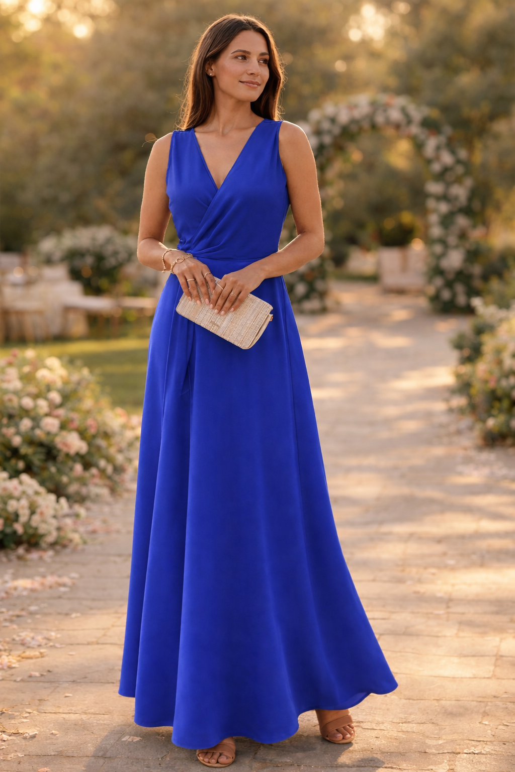 Drune Maxikleid Damen lang elegant V-Ausschnitt ärmellos