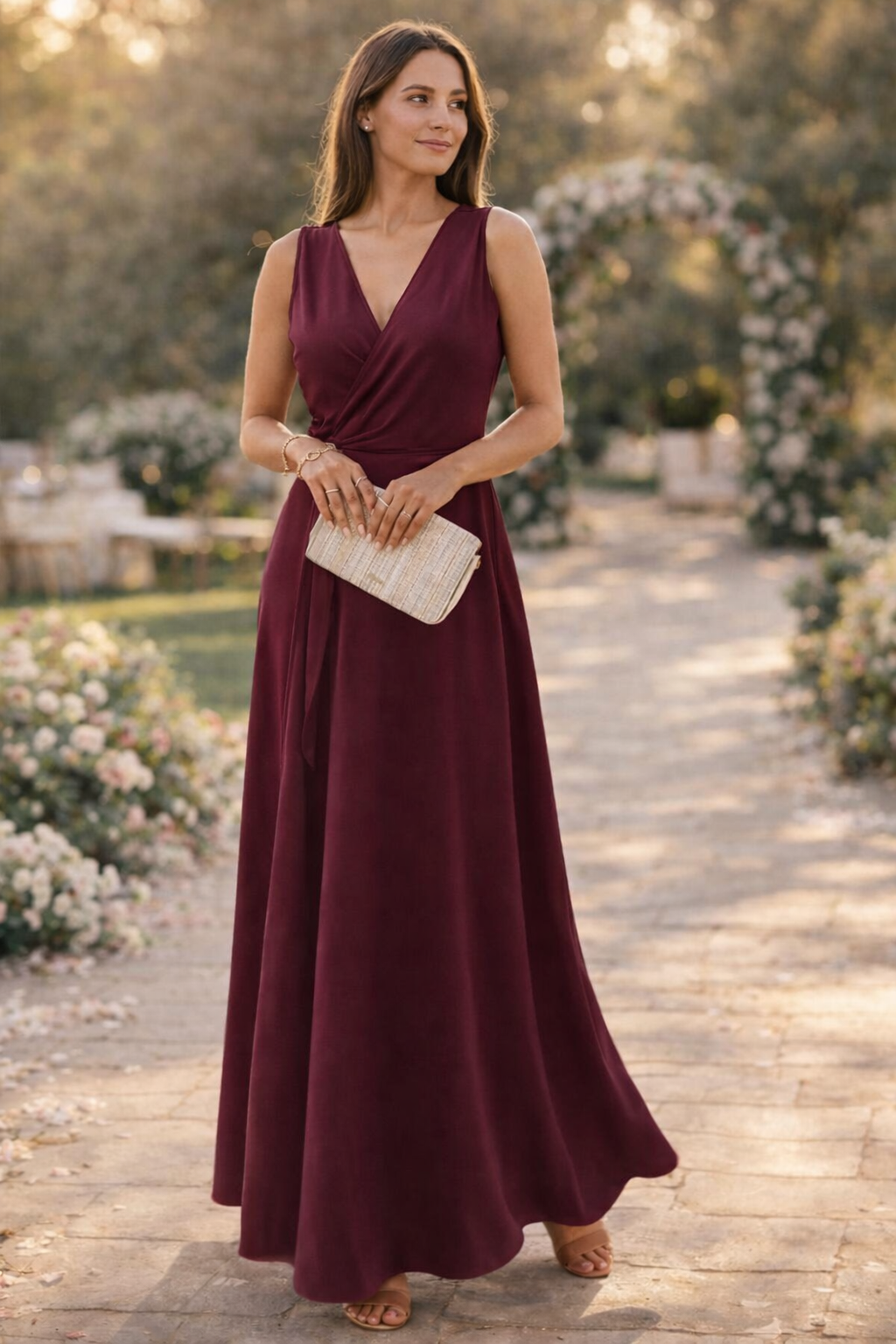 Drune Maxikleid Damen lang elegant V-Ausschnitt ärmellos