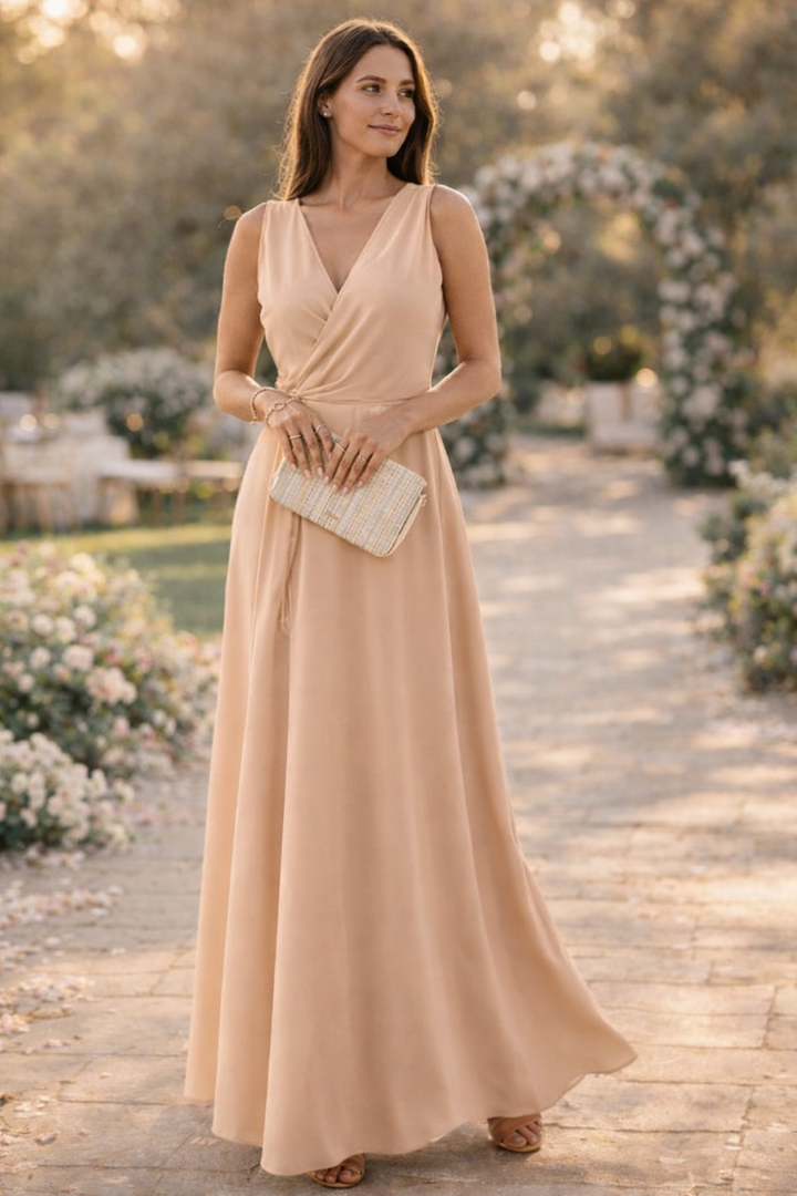 Drune Maxikleid Damen lang elegant V-Ausschnitt ärmellos
