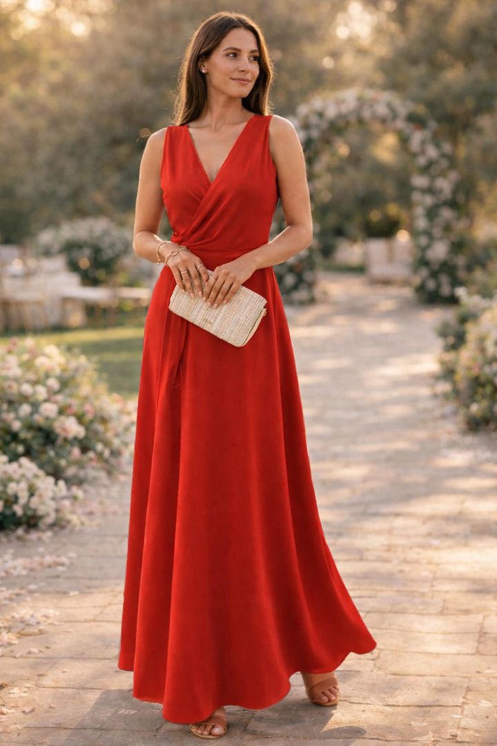 Drune Maxikleid Damen lang elegant V-Ausschnitt ärmellos
