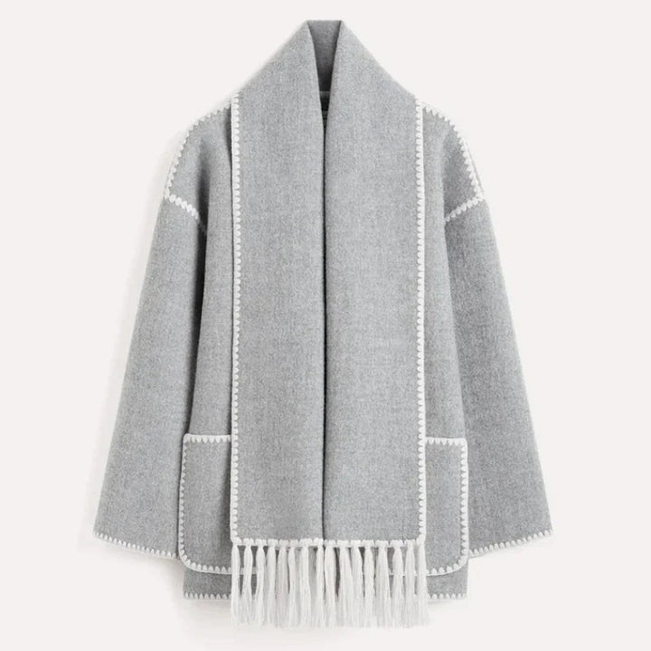 Drune | Damen Woll Schaljacke mit integrierter Schal und Kontrastnähten
