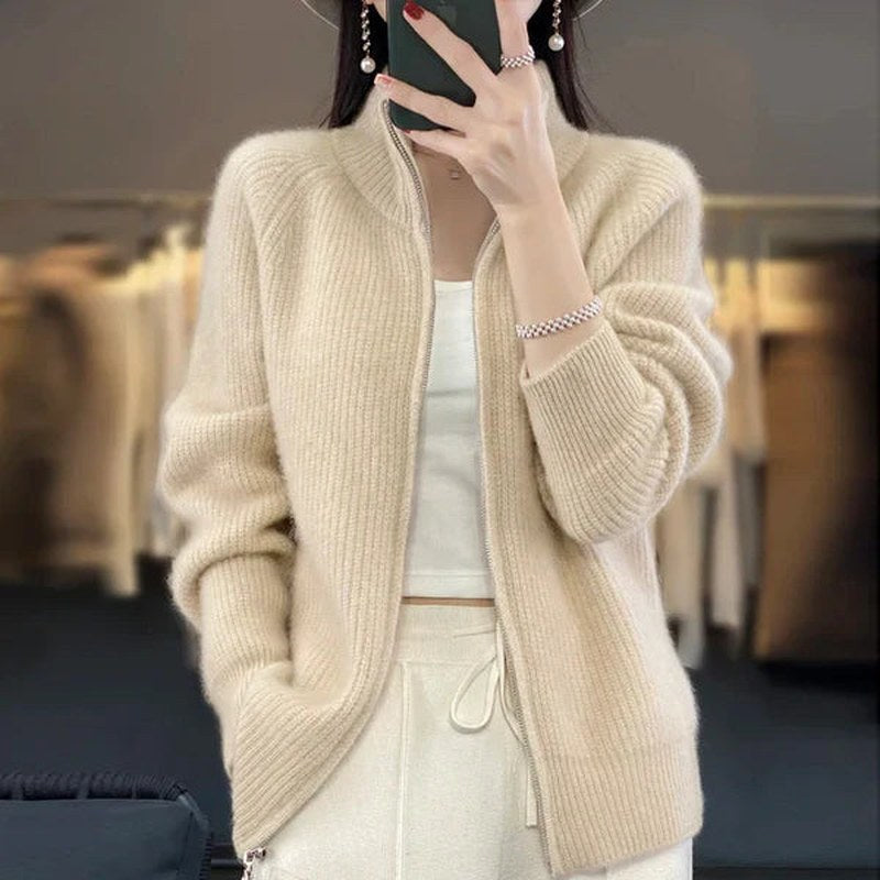 Drune | Damen Luxus Strickcardigan mit Reißverschluss und Stehkragen