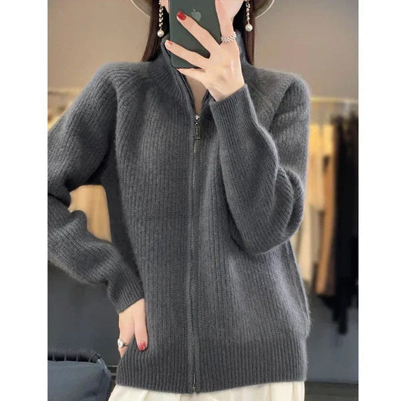 Drune | Damen Luxus Strickcardigan mit Reißverschluss und Stehkragen